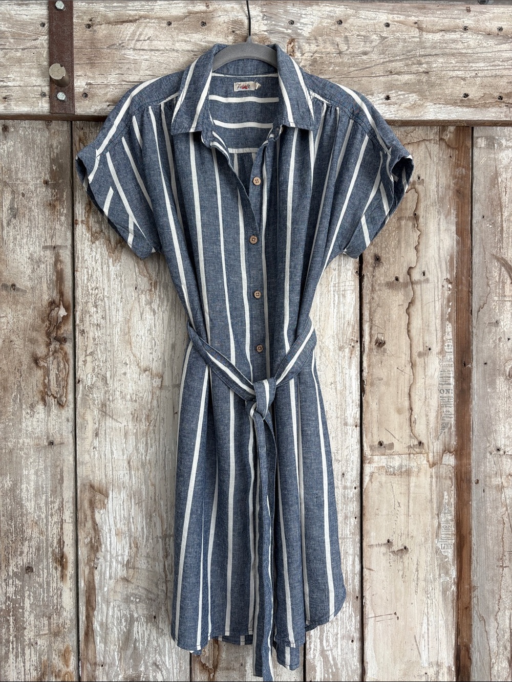 Faherty Blue & White Striped Button-Front Midi Dress with Tie